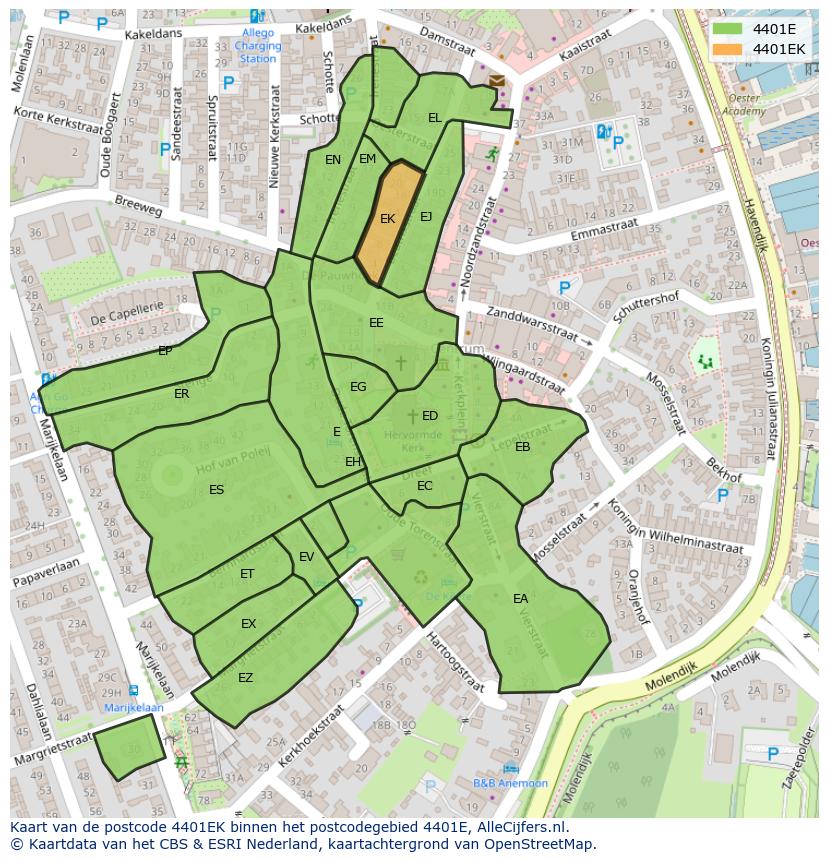 Afbeelding van het postcodegebied 4401 EK op de kaart.
