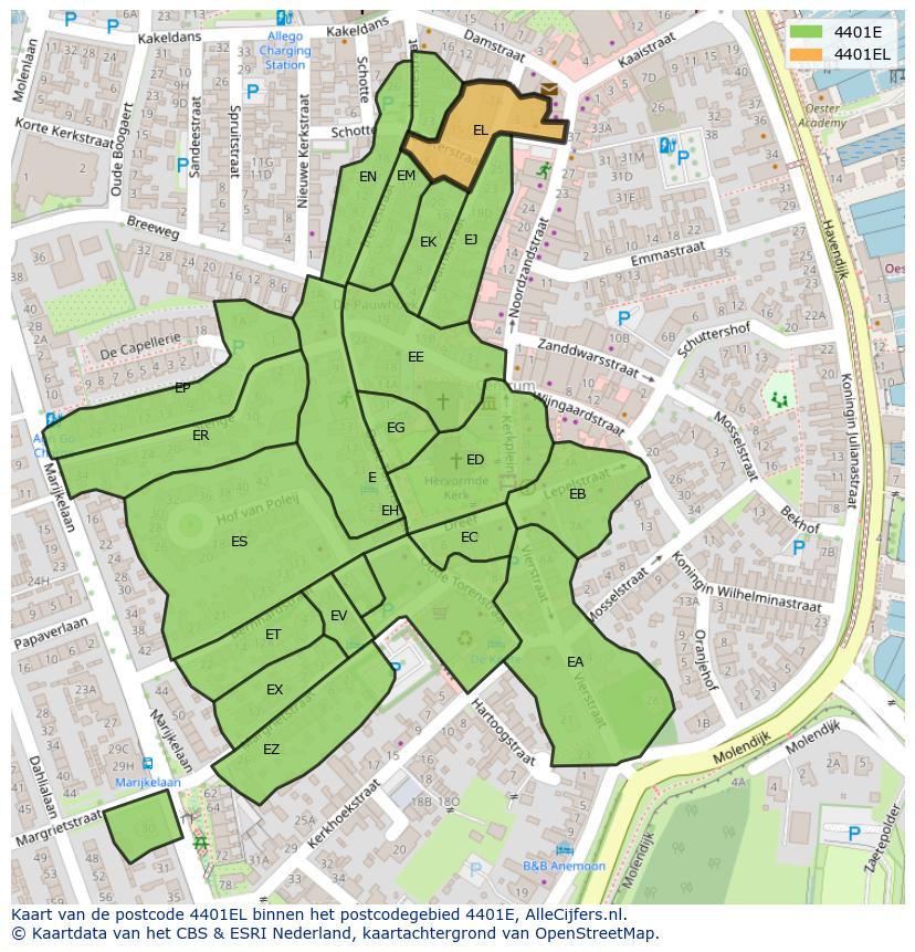 Afbeelding van het postcodegebied 4401 EL op de kaart.