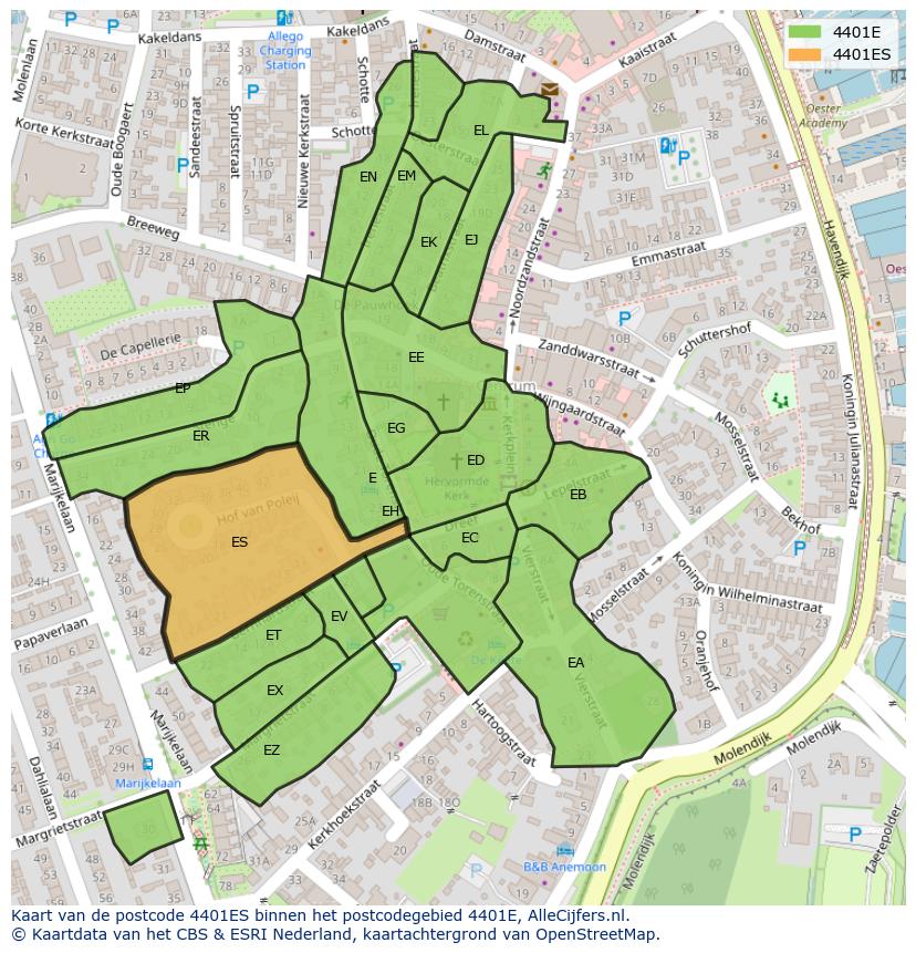 Afbeelding van het postcodegebied 4401 ES op de kaart.