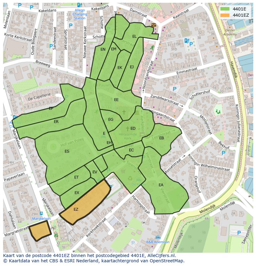 Afbeelding van het postcodegebied 4401 EZ op de kaart.
