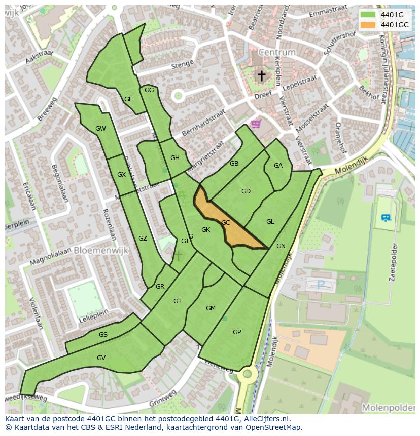 Afbeelding van het postcodegebied 4401 GC op de kaart.