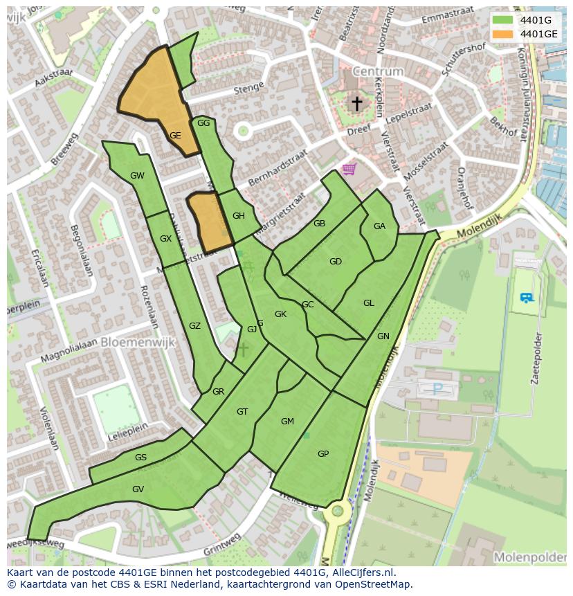 Afbeelding van het postcodegebied 4401 GE op de kaart.