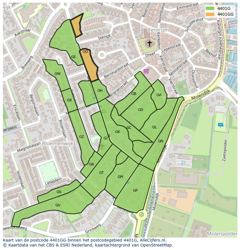 Afbeelding van het postcodegebied 4401 GG op de kaart.