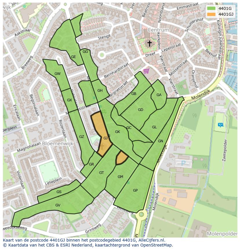 Afbeelding van het postcodegebied 4401 GJ op de kaart.