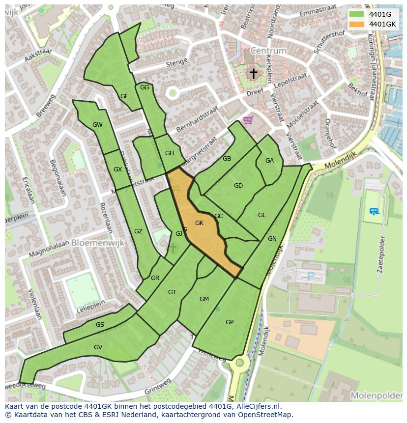 Afbeelding van het postcodegebied 4401 GK op de kaart.