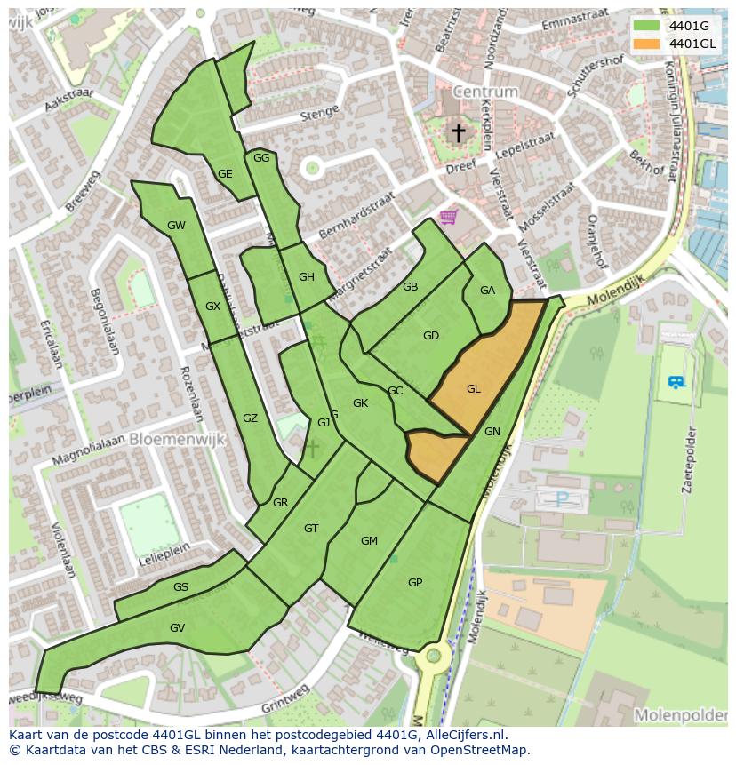 Afbeelding van het postcodegebied 4401 GL op de kaart.