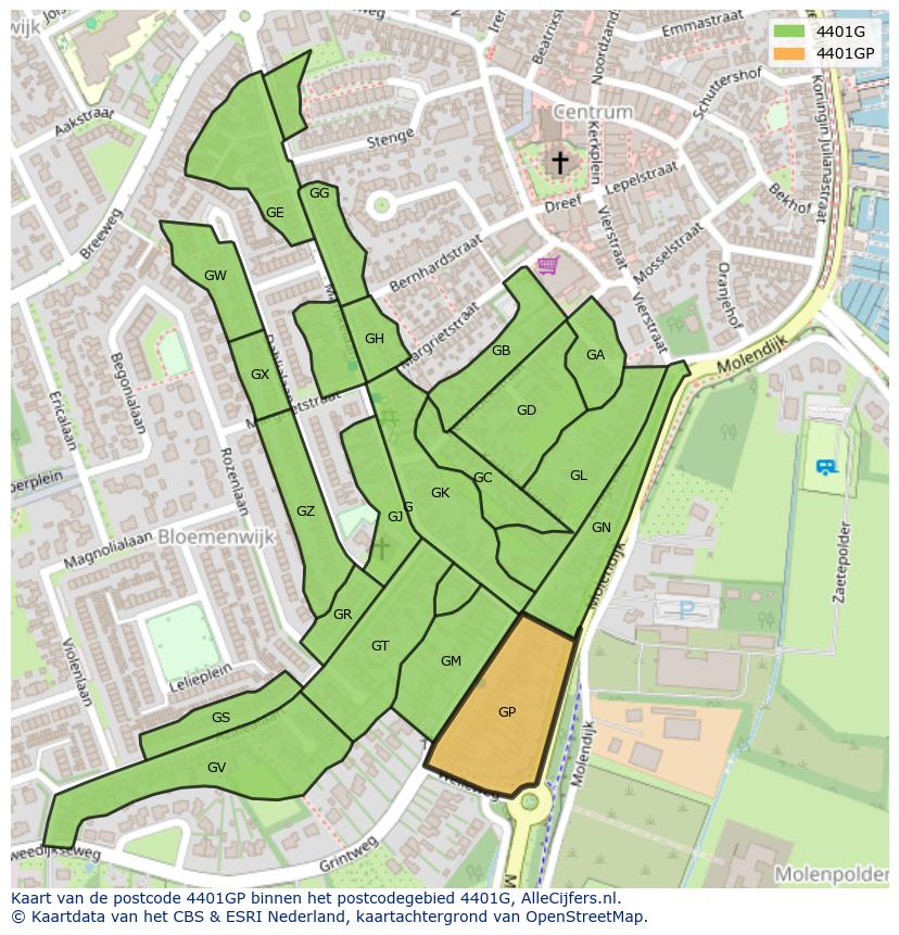 Afbeelding van het postcodegebied 4401 GP op de kaart.