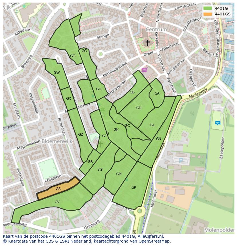 Afbeelding van het postcodegebied 4401 GS op de kaart.