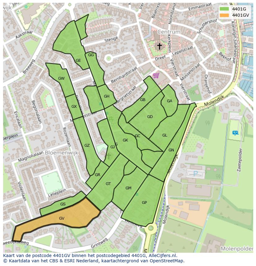 Afbeelding van het postcodegebied 4401 GV op de kaart.