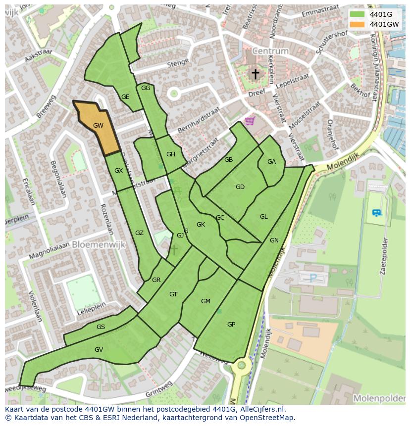 Afbeelding van het postcodegebied 4401 GW op de kaart.