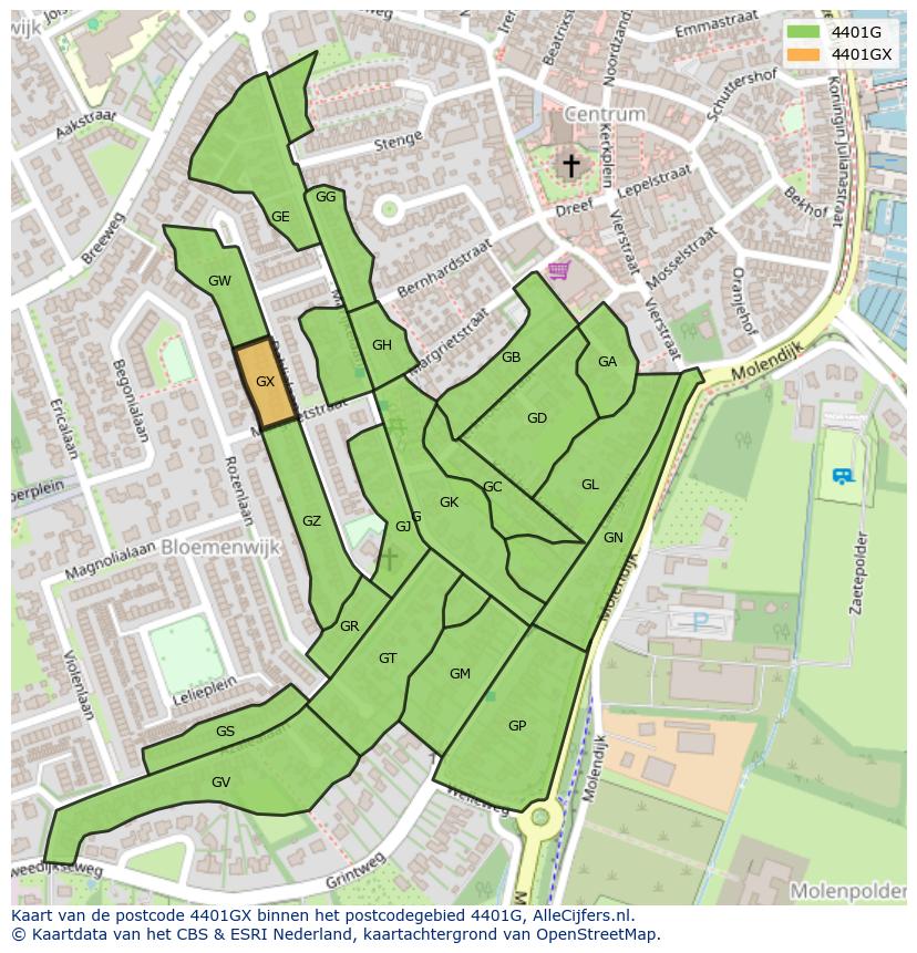 Afbeelding van het postcodegebied 4401 GX op de kaart.