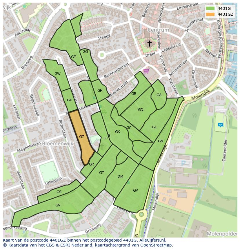 Afbeelding van het postcodegebied 4401 GZ op de kaart.