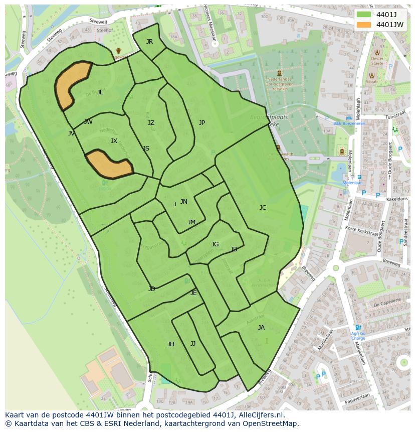 Afbeelding van het postcodegebied 4401 JW op de kaart.