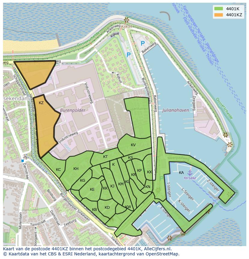 Afbeelding van het postcodegebied 4401 KZ op de kaart.
