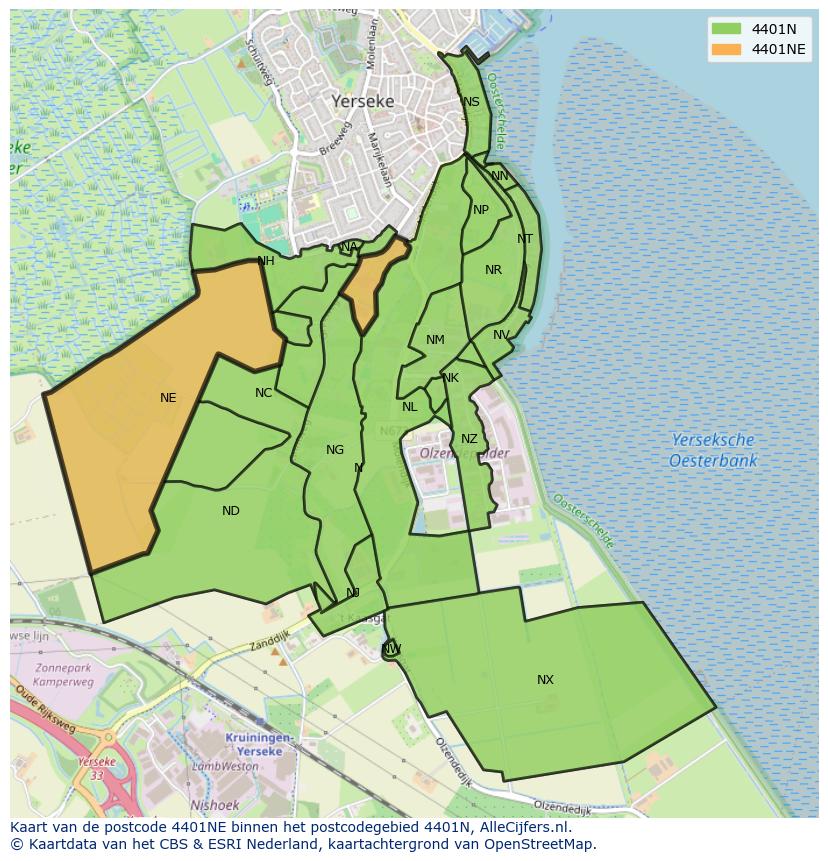 Afbeelding van het postcodegebied 4401 NE op de kaart.