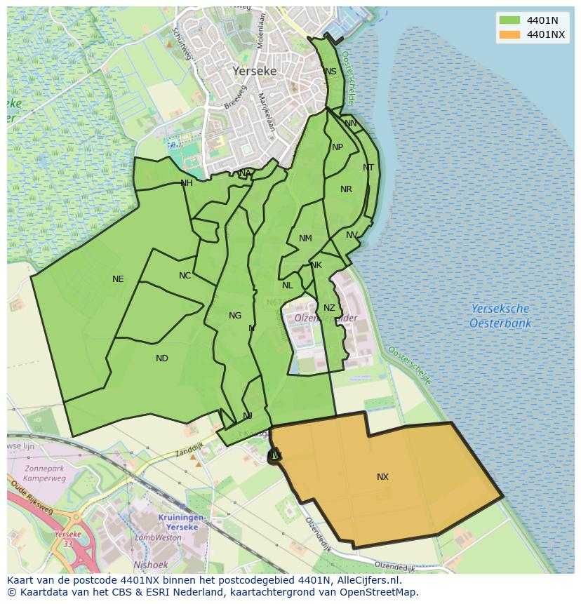 Afbeelding van het postcodegebied 4401 NX op de kaart.