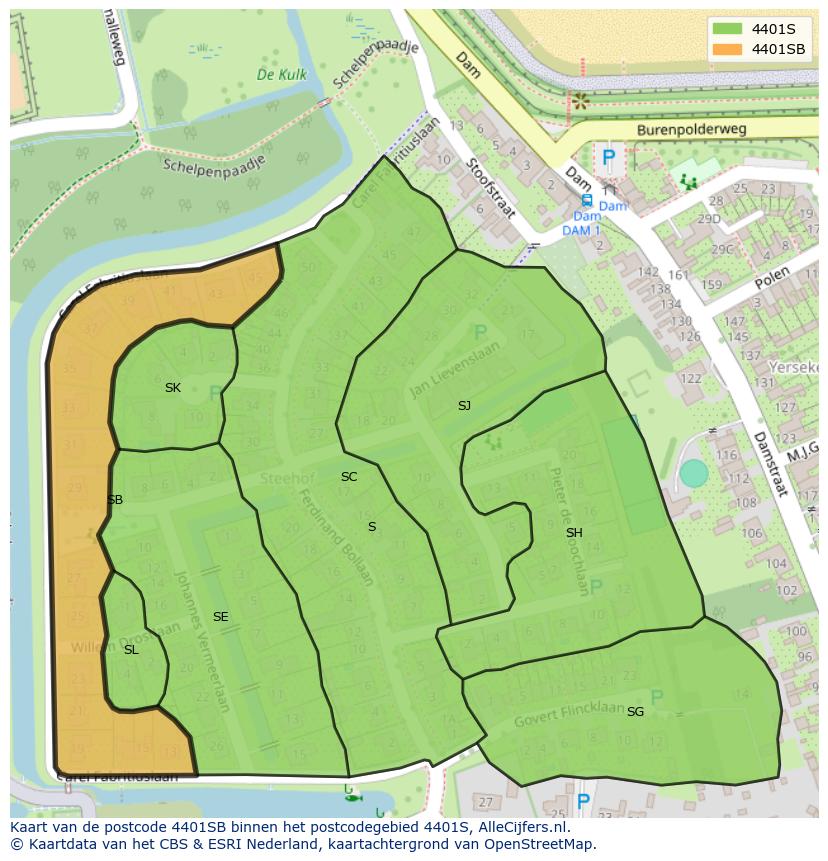 Afbeelding van het postcodegebied 4401 SB op de kaart.