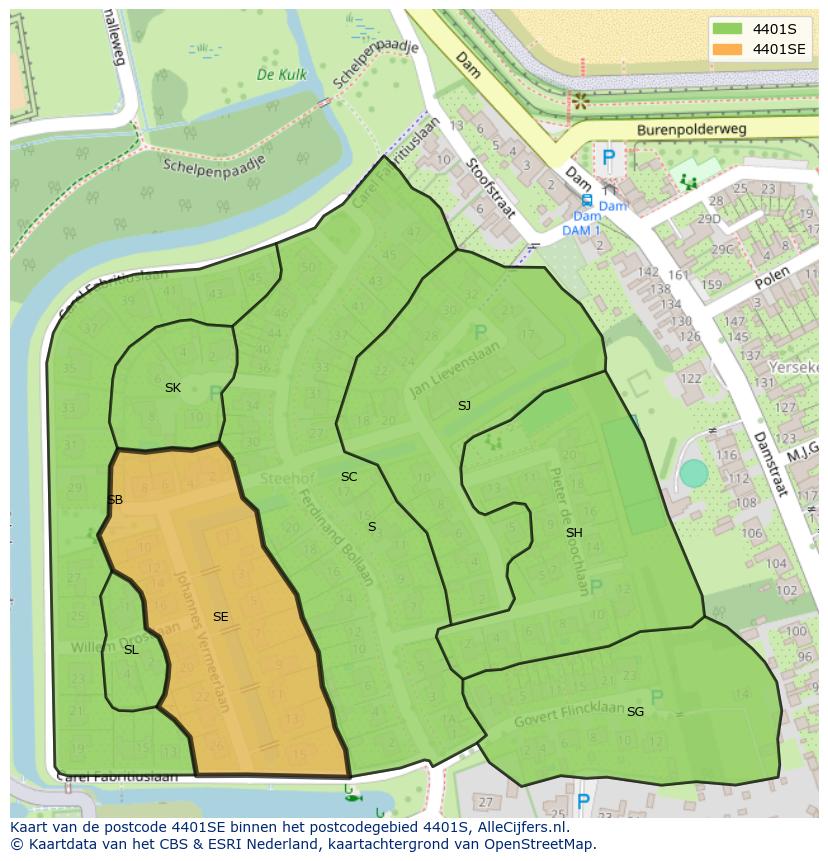 Afbeelding van het postcodegebied 4401 SE op de kaart.