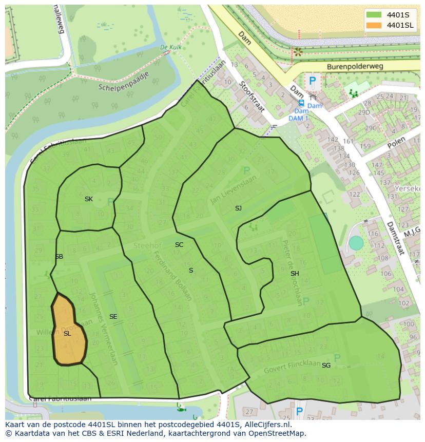 Afbeelding van het postcodegebied 4401 SL op de kaart.