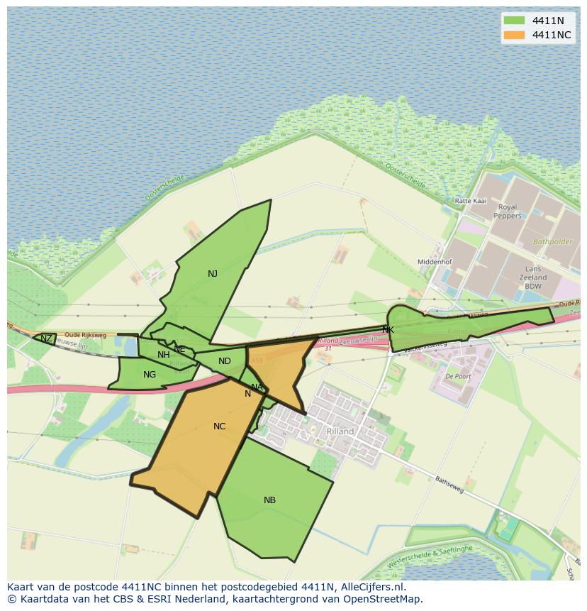 Afbeelding van het postcodegebied 4411 NC op de kaart.