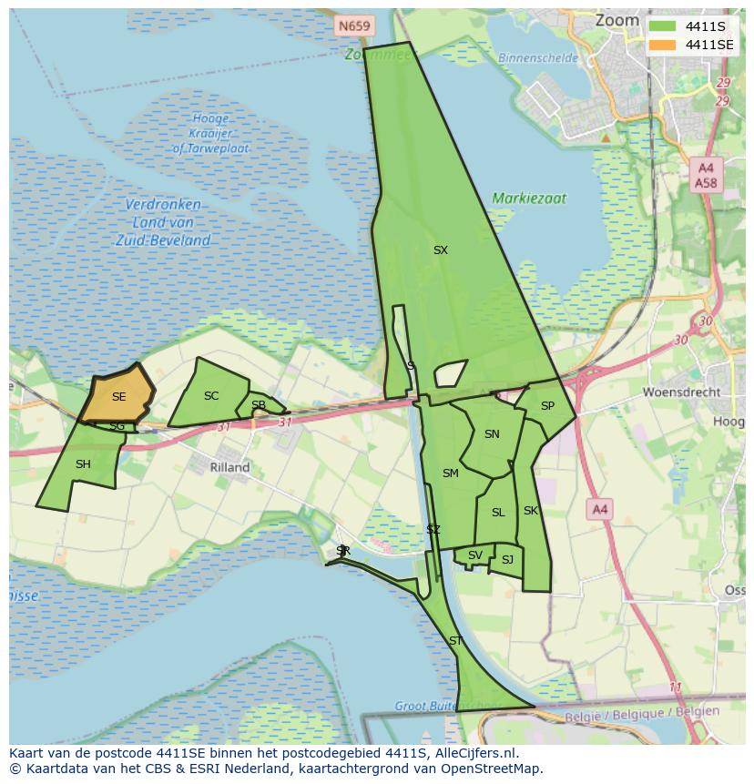 Afbeelding van het postcodegebied 4411 SE op de kaart.