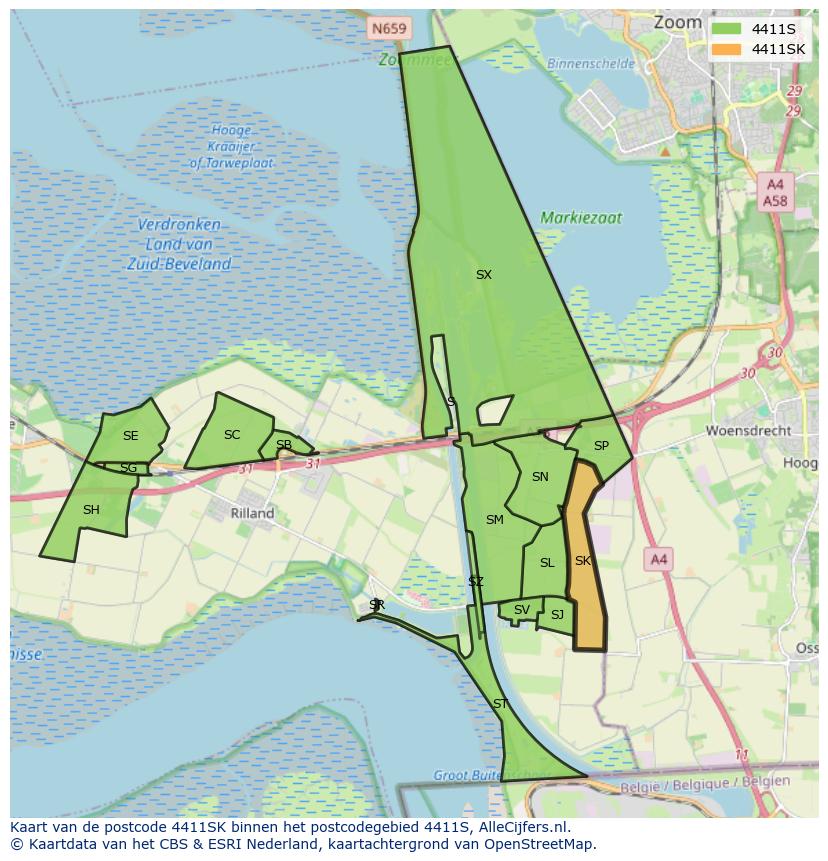Afbeelding van het postcodegebied 4411 SK op de kaart.