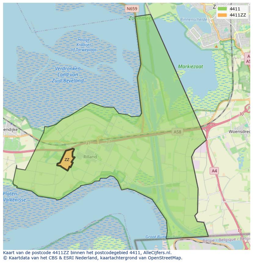 Afbeelding van het postcodegebied 4411 ZZ op de kaart.