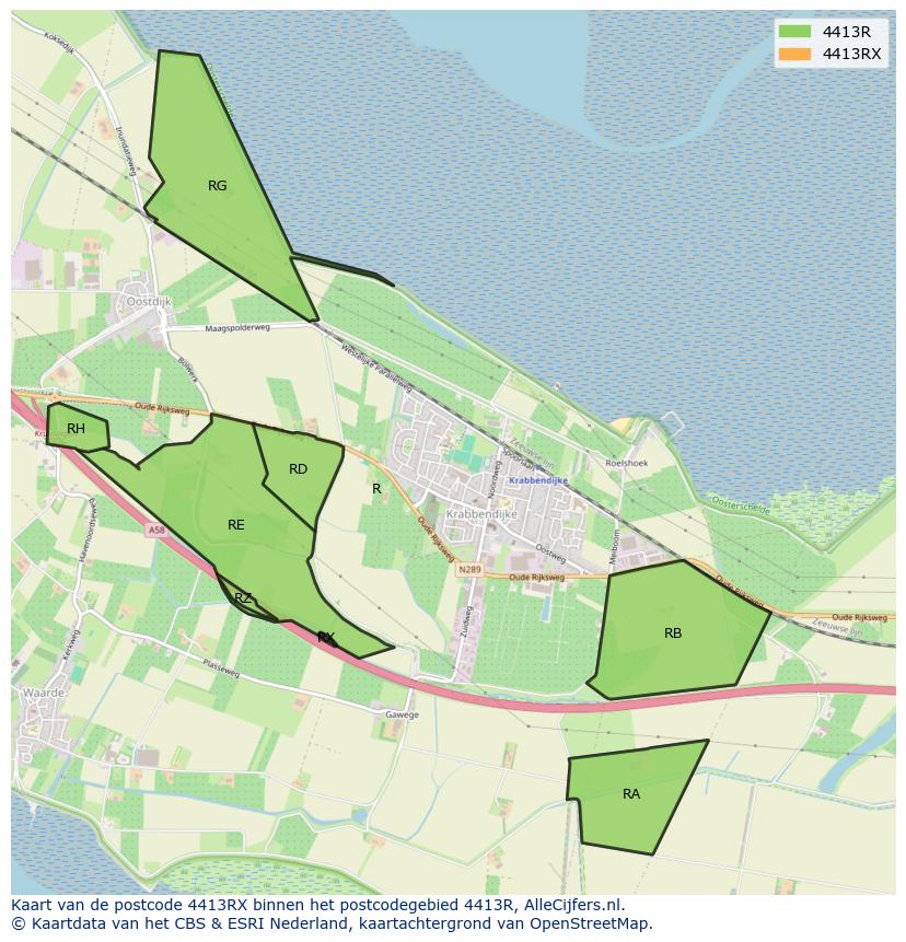 Afbeelding van het postcodegebied 4413 RX op de kaart.