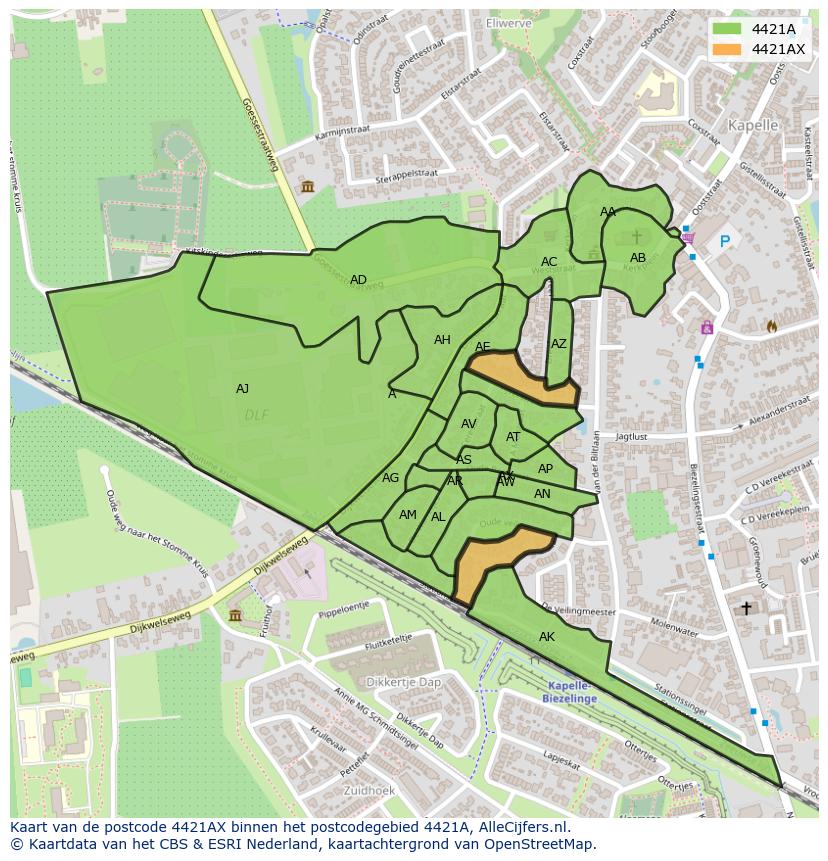 Afbeelding van het postcodegebied 4421 AX op de kaart.