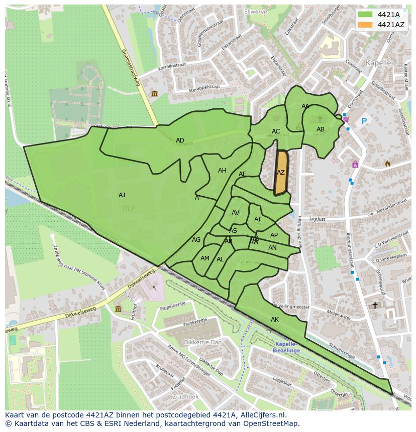 Afbeelding van het postcodegebied 4421 AZ op de kaart.