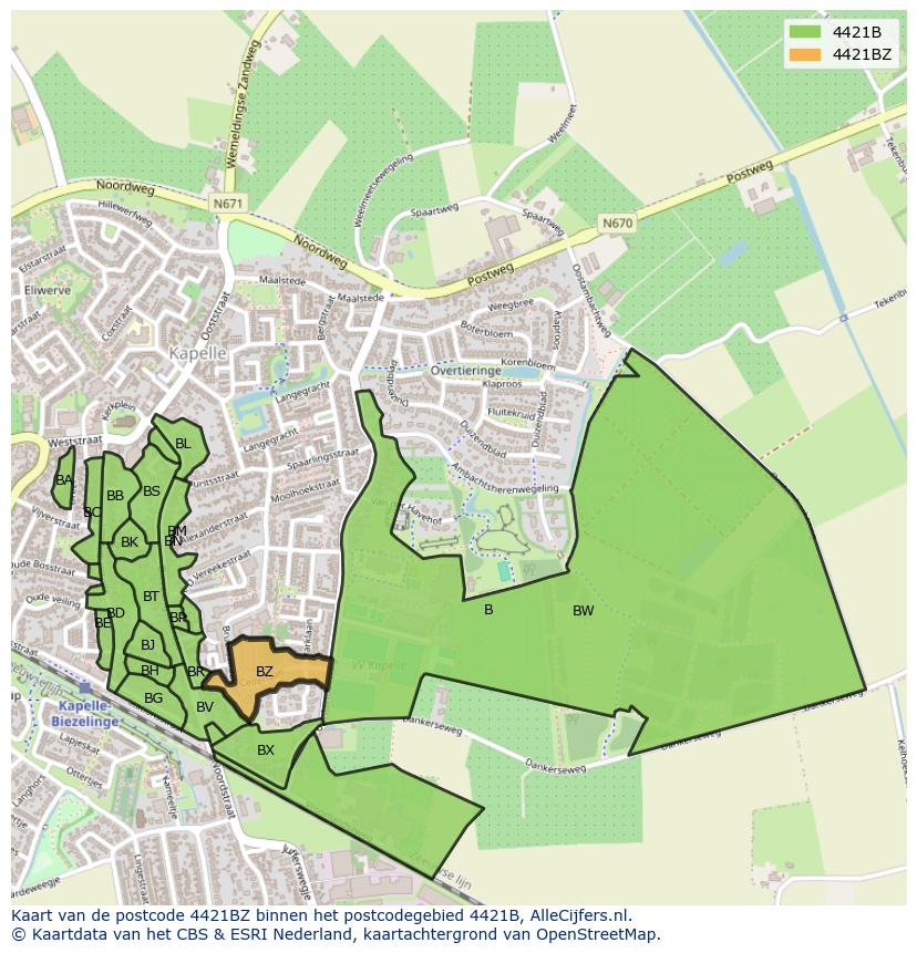 Afbeelding van het postcodegebied 4421 BZ op de kaart.