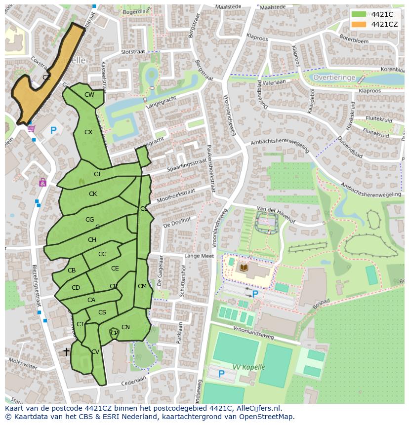 Afbeelding van het postcodegebied 4421 CZ op de kaart.