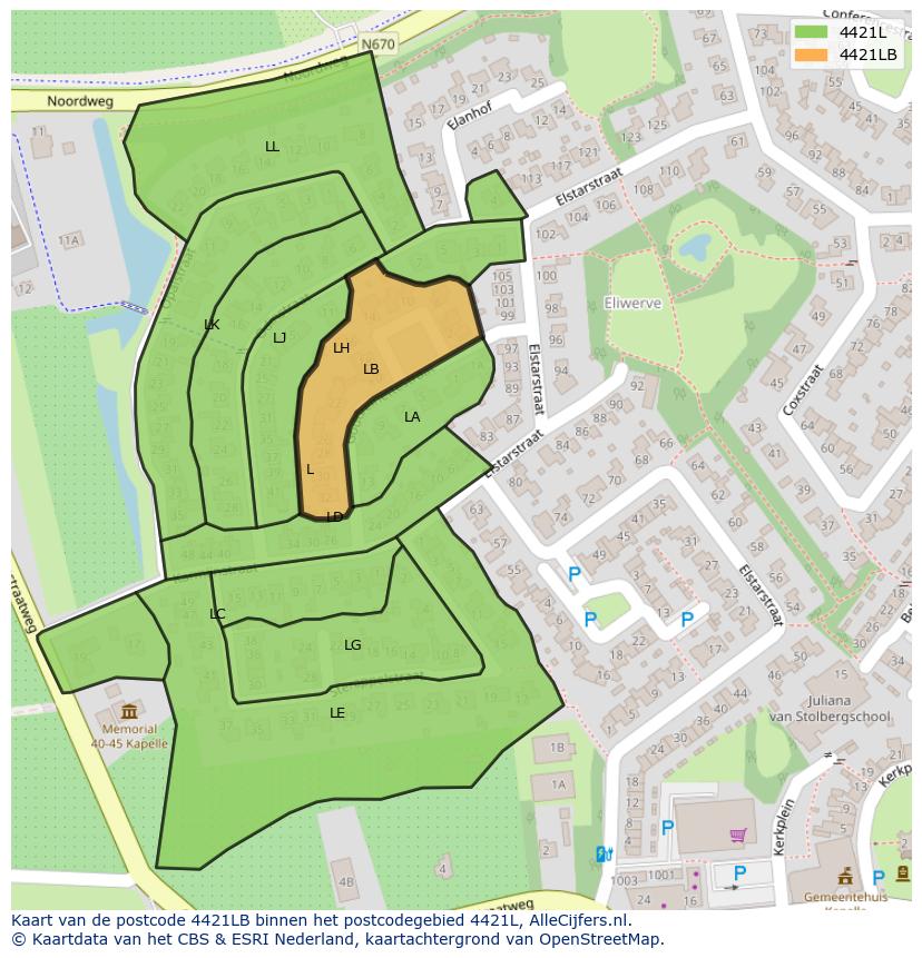 Afbeelding van het postcodegebied 4421 LB op de kaart.