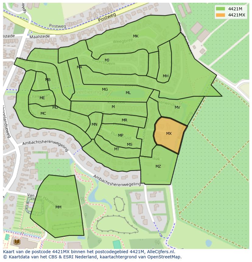Afbeelding van het postcodegebied 4421 MX op de kaart.