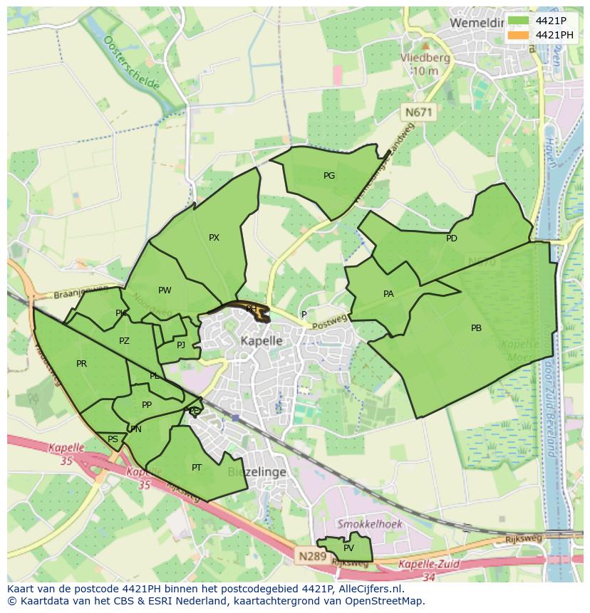 Afbeelding van het postcodegebied 4421 PH op de kaart.