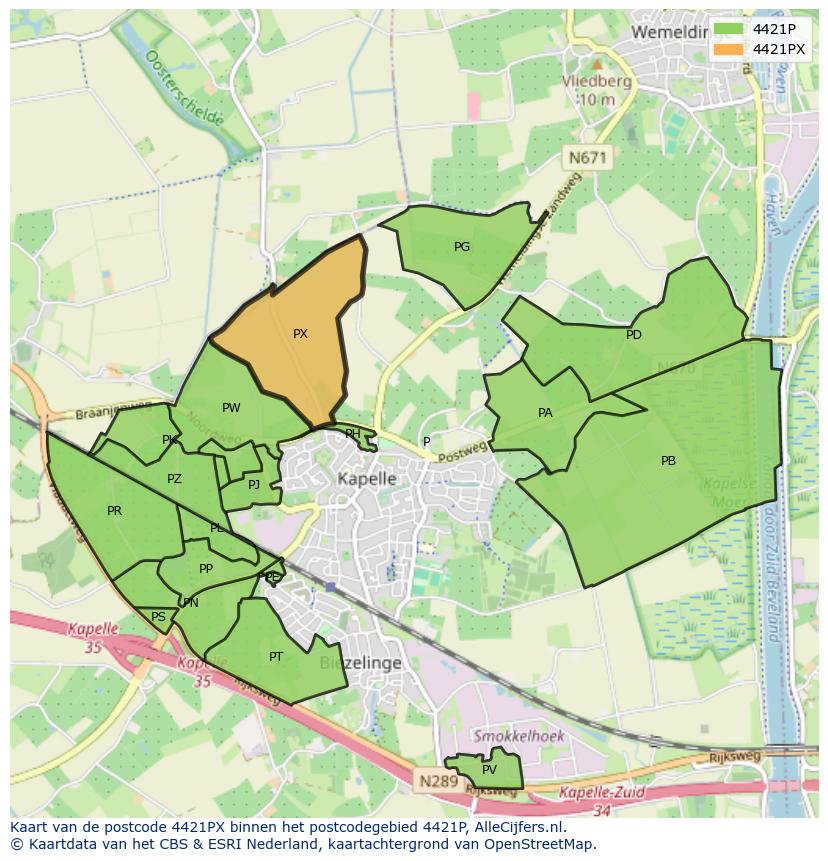 Afbeelding van het postcodegebied 4421 PX op de kaart.
