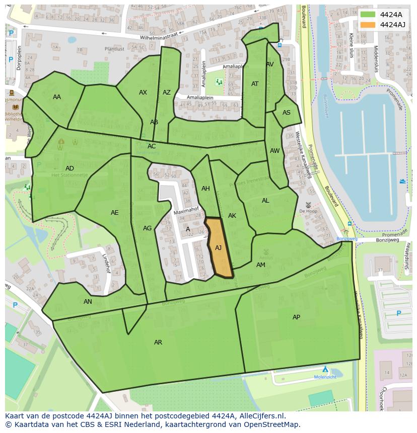 Afbeelding van het postcodegebied 4424 AJ op de kaart.