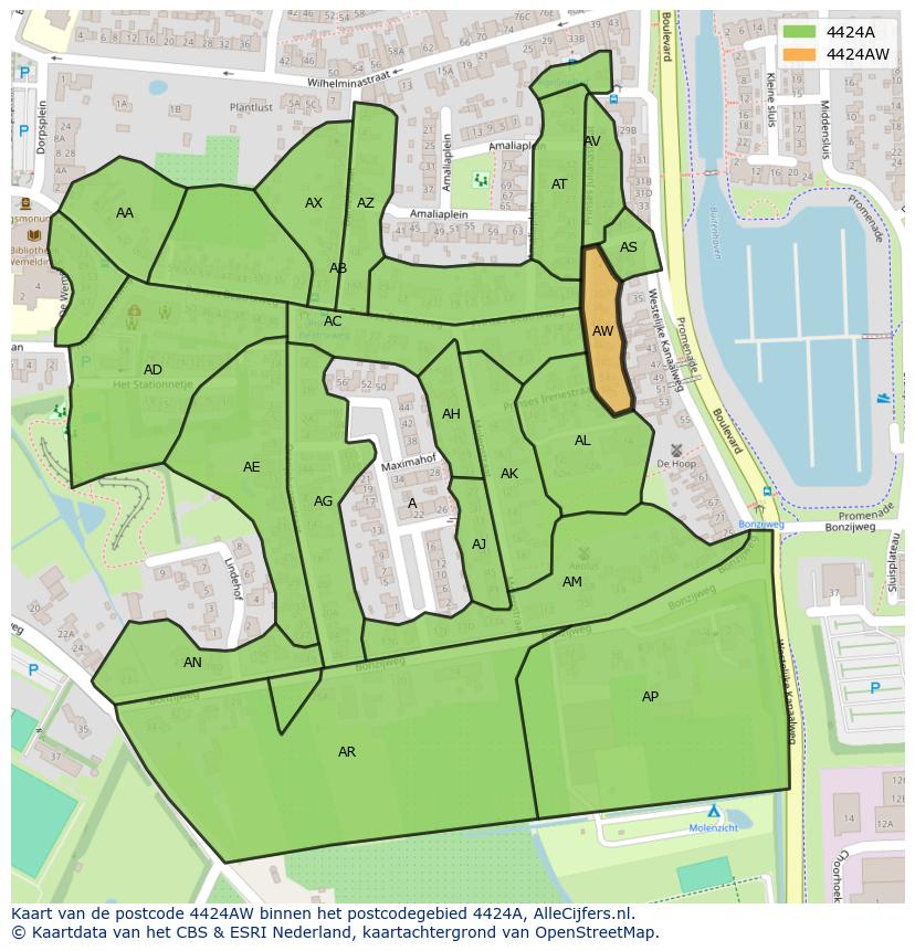 Afbeelding van het postcodegebied 4424 AW op de kaart.
