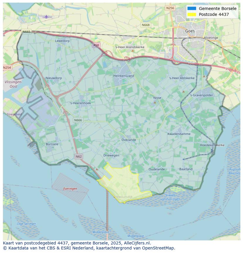 Afbeelding van het postcodegebied 4437 op de kaart.