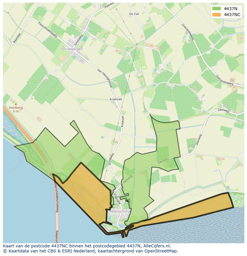 Afbeelding van het postcodegebied 4437 NC op de kaart.