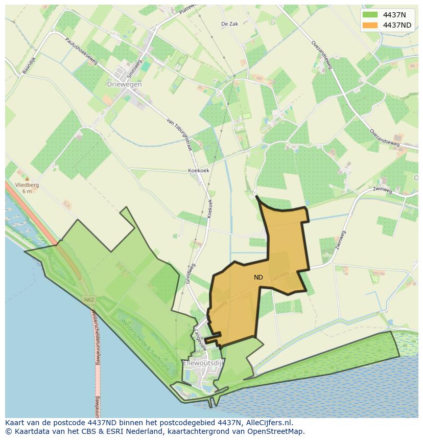 Afbeelding van het postcodegebied 4437 ND op de kaart.