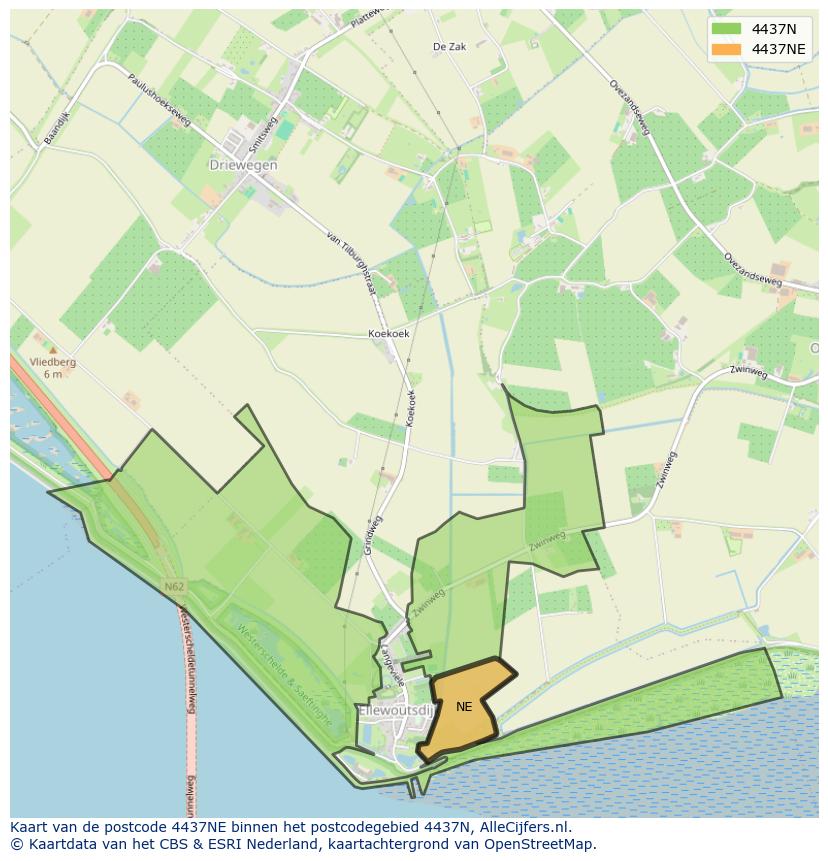 Afbeelding van het postcodegebied 4437 NE op de kaart.