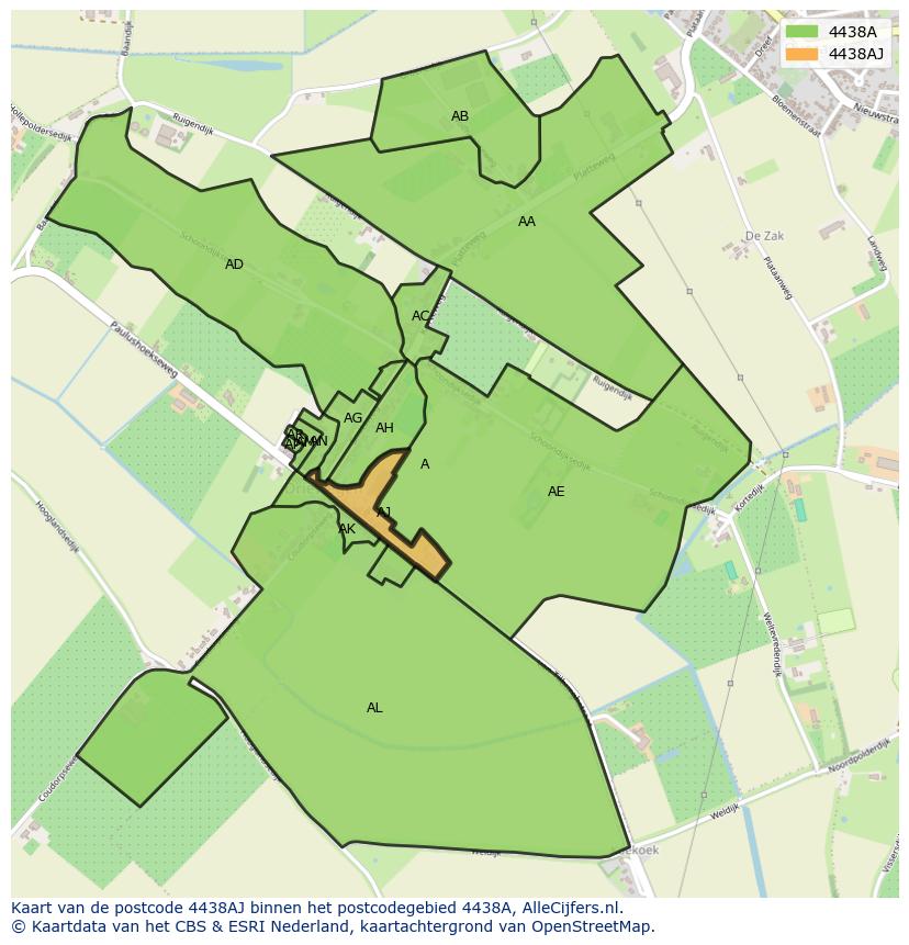 Afbeelding van het postcodegebied 4438 AJ op de kaart.
