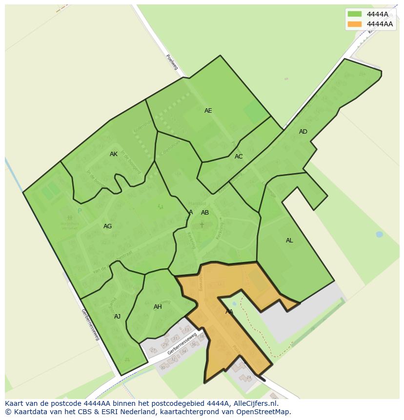 Afbeelding van het postcodegebied 4444 AA op de kaart.