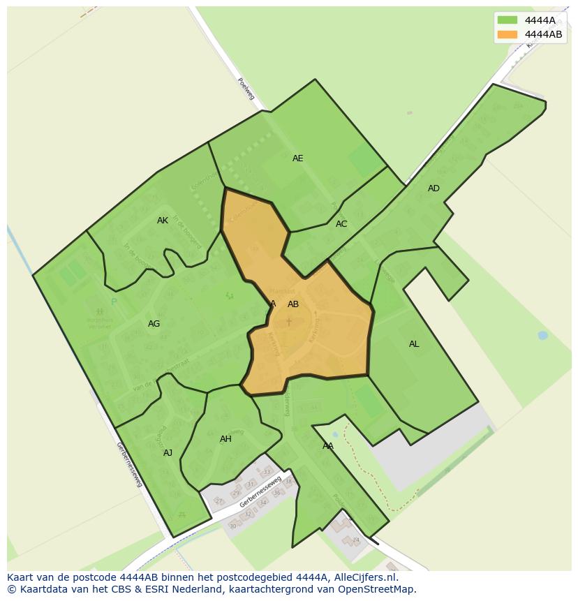 Afbeelding van het postcodegebied 4444 AB op de kaart.