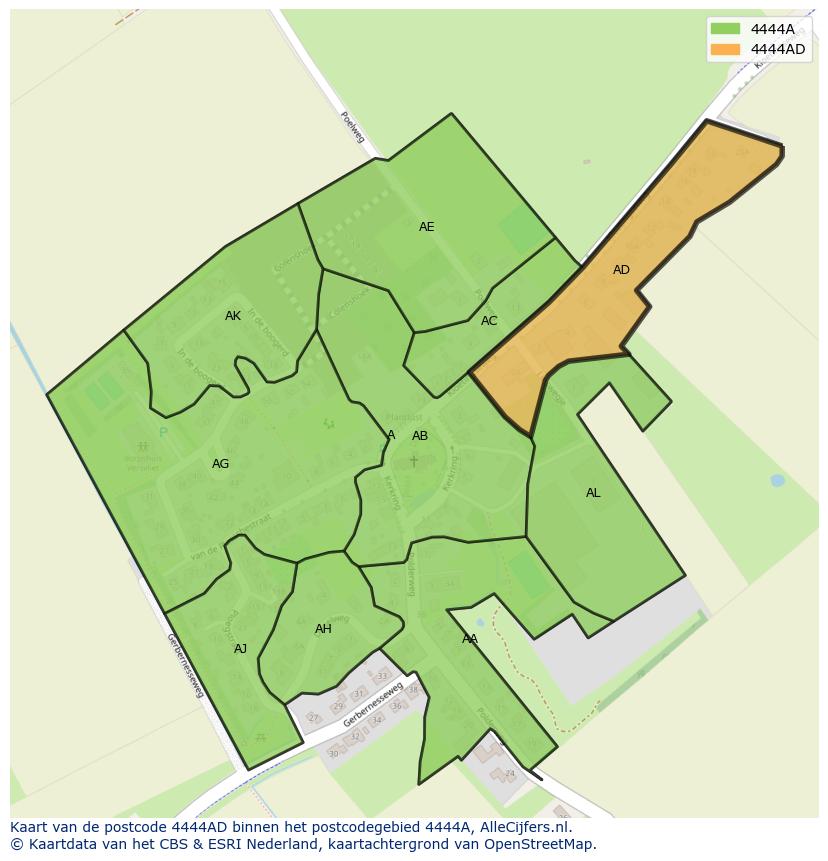 Afbeelding van het postcodegebied 4444 AD op de kaart.
