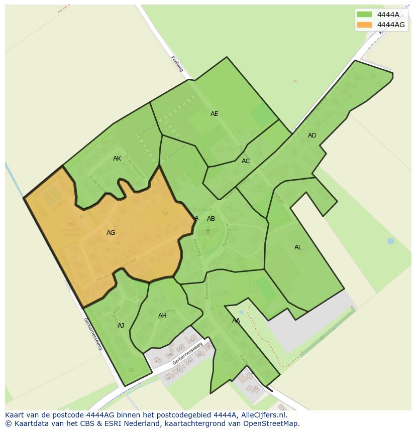 Afbeelding van het postcodegebied 4444 AG op de kaart.