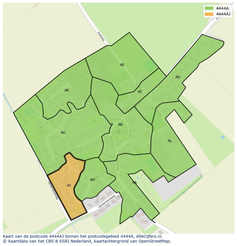 Afbeelding van het postcodegebied 4444 AJ op de kaart.