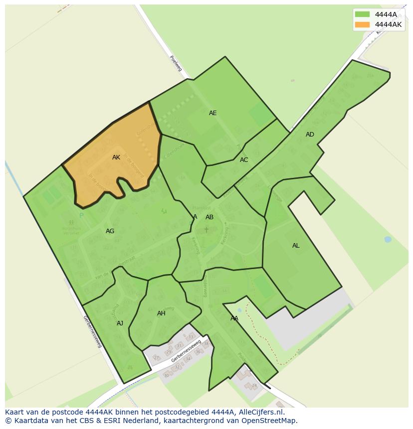 Afbeelding van het postcodegebied 4444 AK op de kaart.