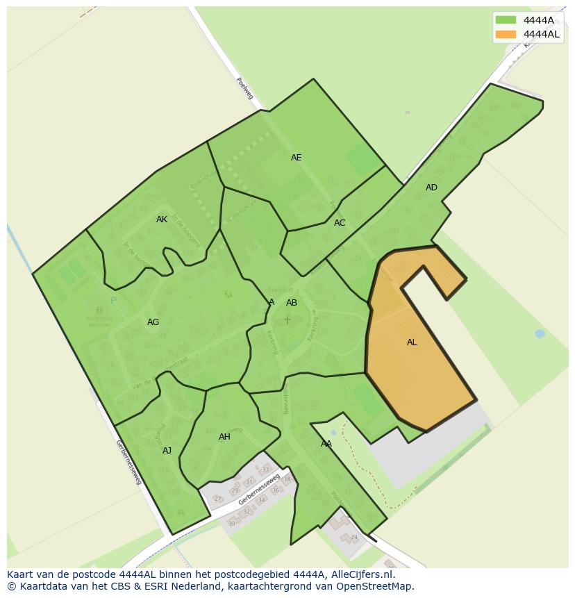 Afbeelding van het postcodegebied 4444 AL op de kaart.